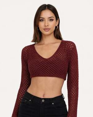 Social Collision Burgundy Open Knit Fishnet Crop Top Sweater